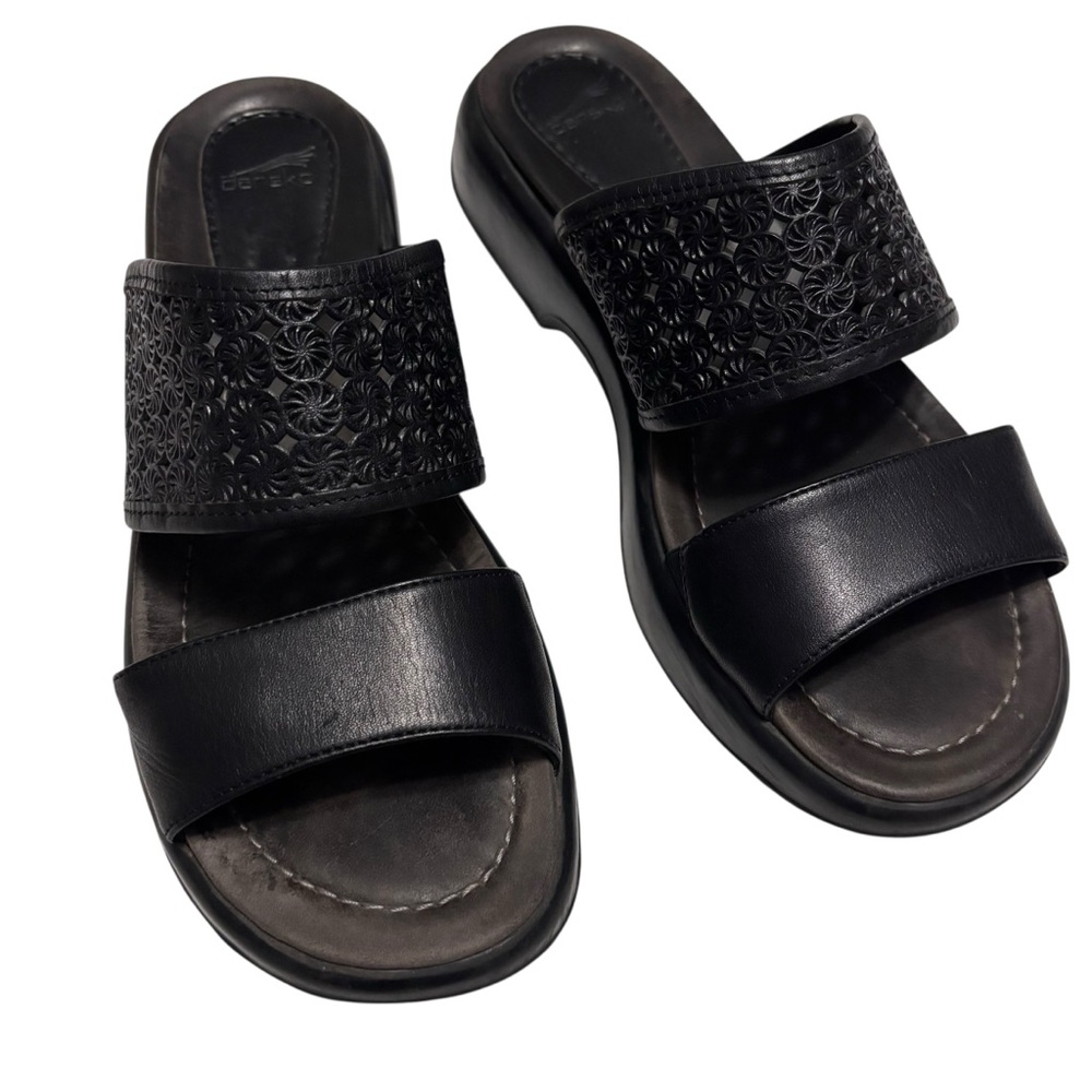 Dansko Black Embossed Two-Strap Slide Sandals